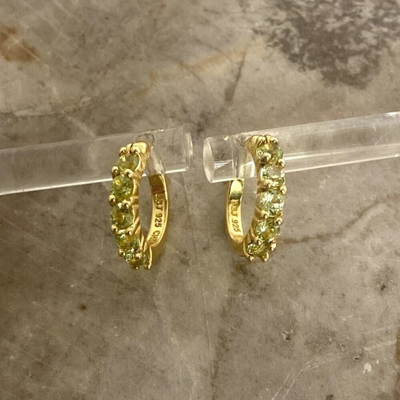 Gold Vermeil Sterling Silver 925 Round Peridot Small Huggie Hoop Earrings - Picture 8 of 16